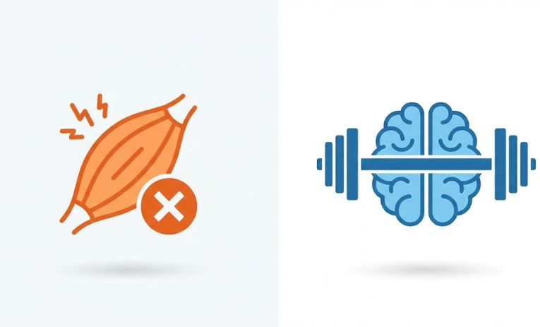 感覚的な筋トレ（筋肉痛）と科学的な筋トレ（論理的思考）の違いを比較したミニマルなイラスト。
